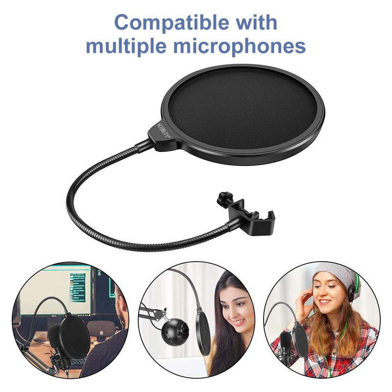 Pop Filter, Mic Pop Filter Windscreen,Swivel with Double Layer Sound Shield Guard Windscreen for Mic, With Flexible 360° Gooseneck and Metal Stabilizing