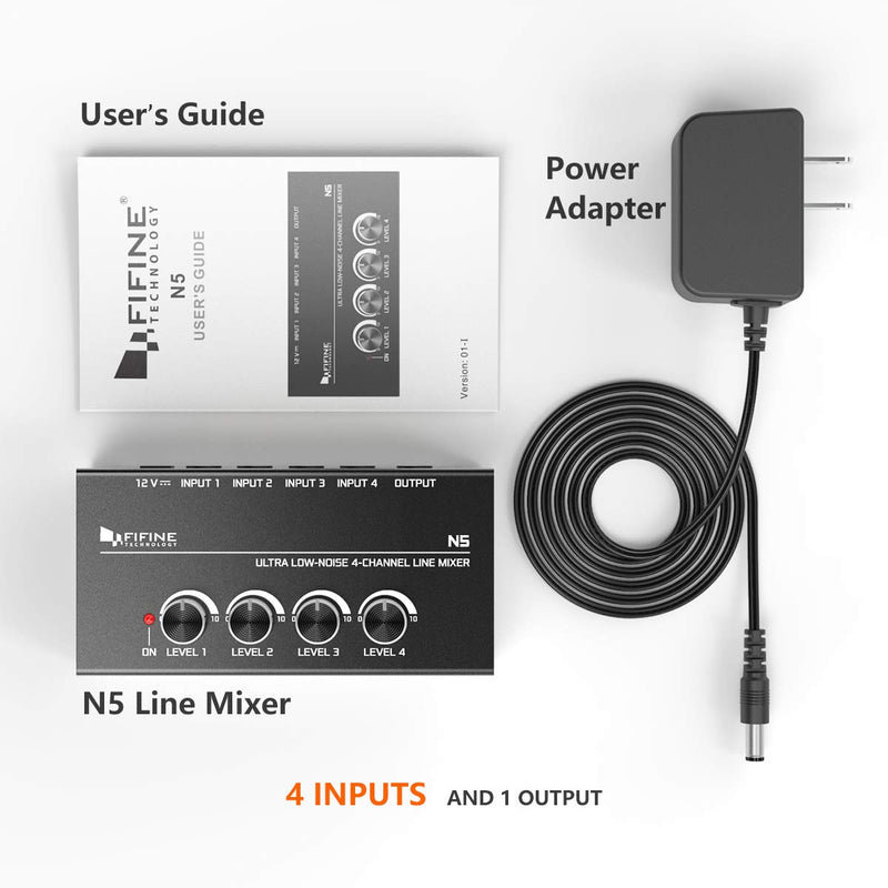 [AUSTRALIA] - FIFINE Ultra Low-Noise 4-Channel Line Mixer for Sub-Mixing,4 Stereo Channel Mini Audio Mixer with AC adapter.Ideal for Small Club or Bar. As Microphones,Guitars,Bass,Keyboards or Stage Sub Mixer-N5 