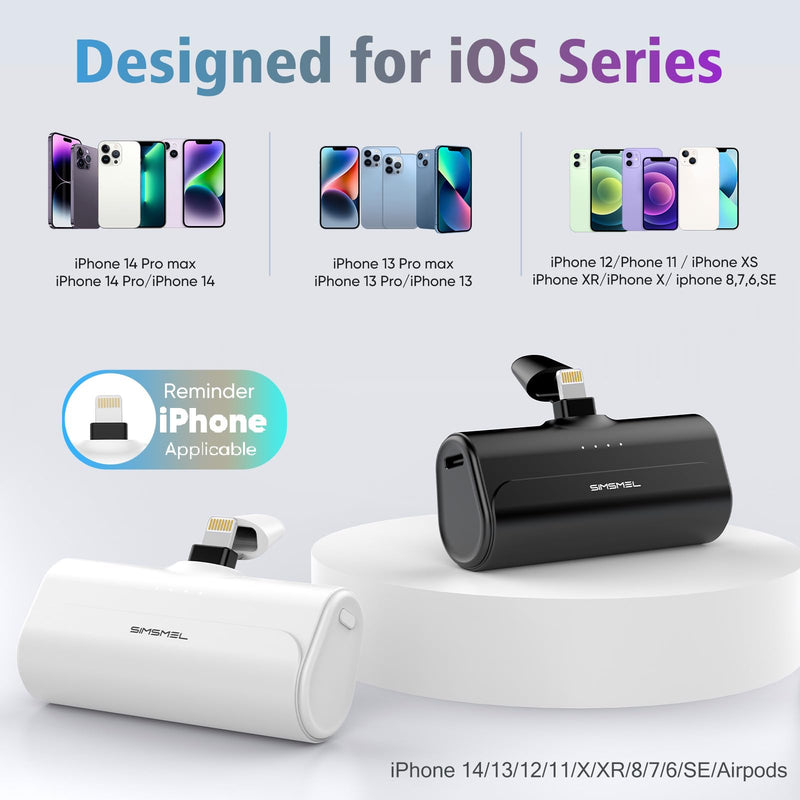 Simsmel Small Portable Charger for iPhone 5000mAh 2 Packs with Built in Cable, MFi Certified Compact Power Bank Cordless External Battery Pack for All iPhone Series 14/13/12/11/XR/X/SE/8/7/6 Pro Max