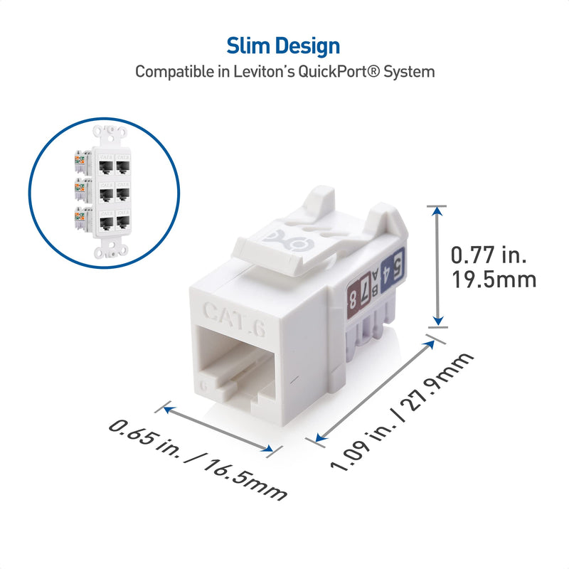 Cable Matters UL Listed 25-Pack Slim Profile 90 Degree Cat 6, Cat6 RJ45 Keystone Jack with Keystone Punch Down Stand in White (Model 180070)