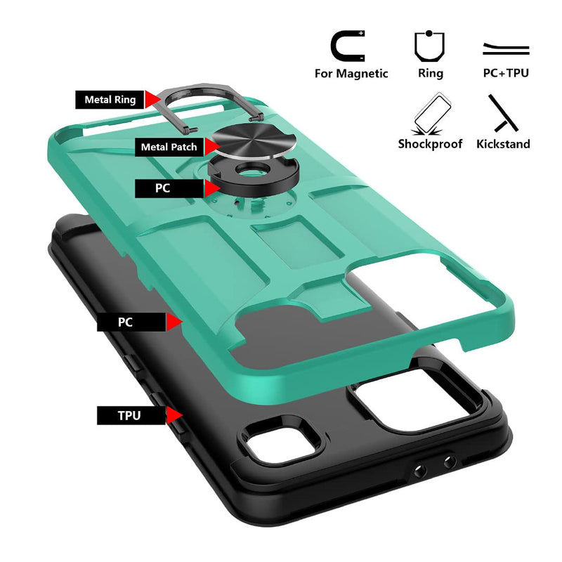 Jeylly for LG K92 5G Case 6.7 inch 2020, LG K92 Kickstand Case with Tempered Glass Screen Protector, [Built-in Kickstand] [Military Grade] Swivel Magnetic Finger RingAnti Scratch Armor Case, Turquoise Turquosie