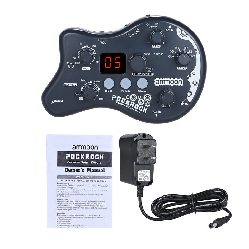 ammoon PockRock Guitar Pedal Portable Multi-effects Processor Effect Pedal 15 Effect Types 40 Drum Rhythms Tuning Function with Power Adapter-Dark Grey Dark Grey