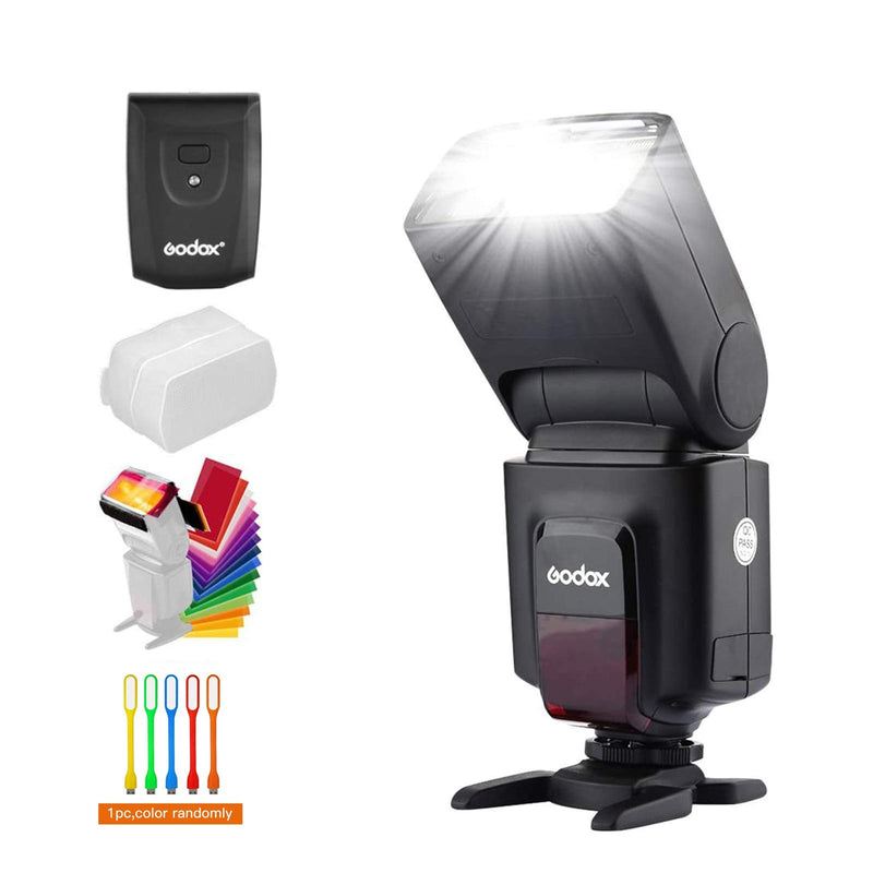 Godox Wireless 433MHz GN33 Camera Flash Speedlite with Built-in Receiver with RT Transmitter Compatible for Canon Nikon Sony Olympus Pentax Fuji DSLR Cameras with Diffuser + Filters + USB LED