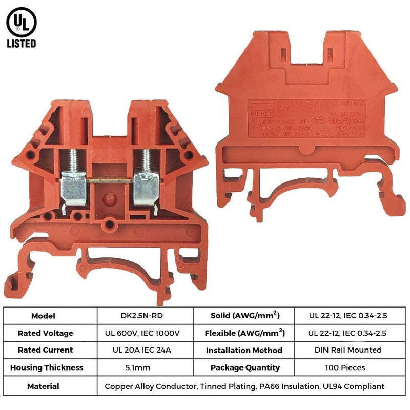 Dinkle Red DK2.5N-RD DIN Rail Terminal Block Screw Type UL 600V 20A 12-22AWG, Pack of 50