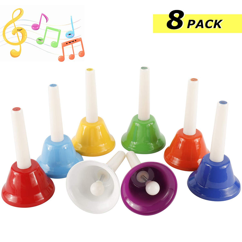 YaeCCC 8 Pack Music Hand Bell Rhythm Band Kids Play Hand Bells, 8 Sound, 8 Color Musical Bell for Kids, Senior, Teacher, Desk Bell Metal Hand Bells Set