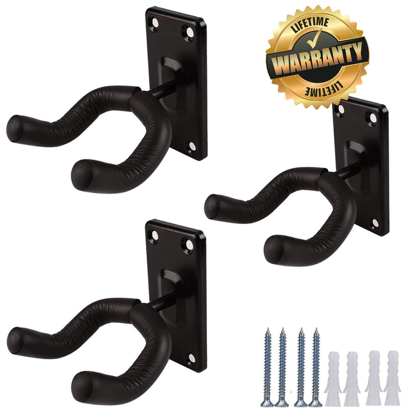 Guitar Wall Mount Hanger Hook Holder Stand 3 Pack Guitar Hangers Hooks for Acoustic Electric and Bass Guitars (3Pack-Black)