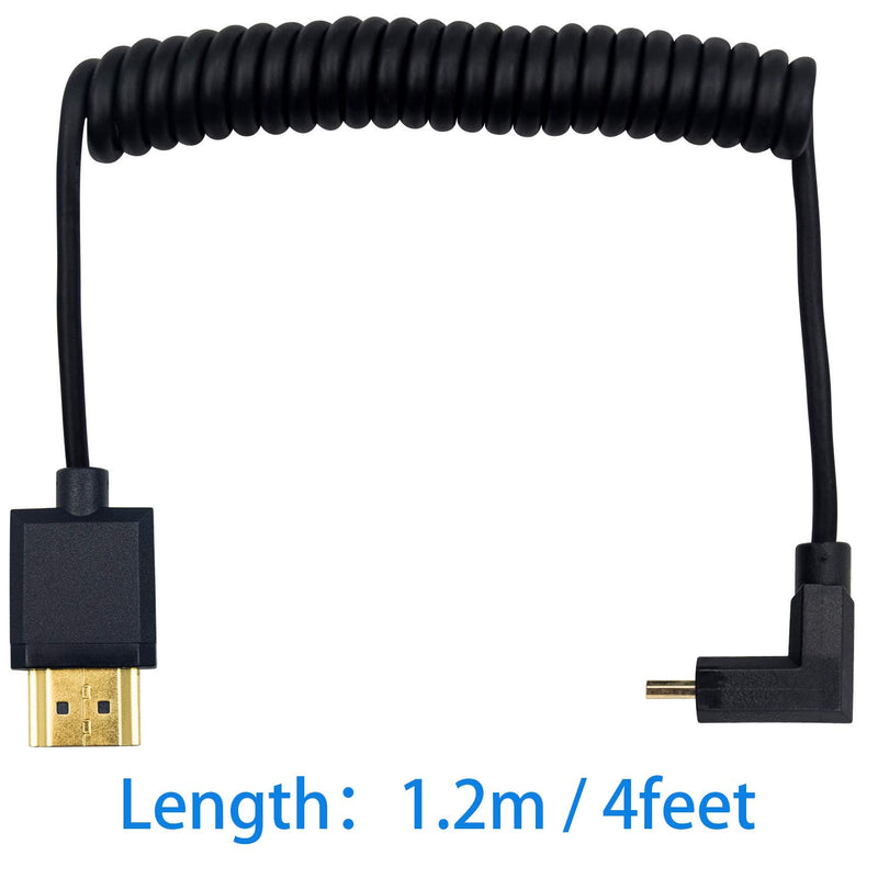 Duttek Micro HDMI to Standard HDMI Cable, Micro HDMI to HDMI Coiled Cable, Extreme Slim Down Angled Micro HDMI Male to HDMI Male Coiled Cable for 1080P, 4K, Ultra HD, 3D (1.2M/4FT) Down Angled 1.2M