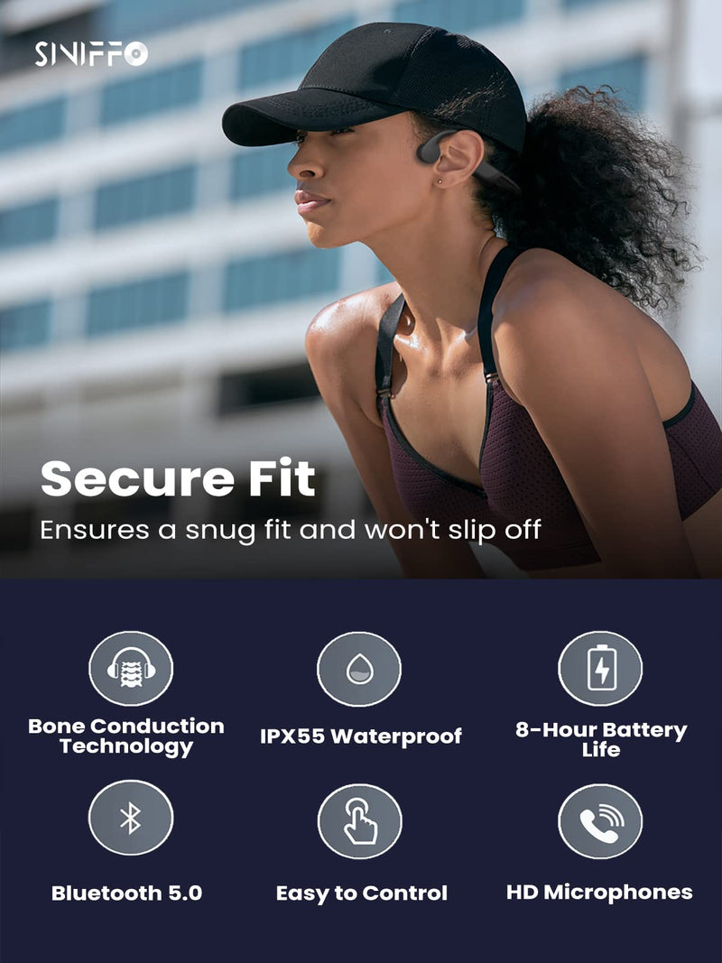 Siniffo Bone Conduction Headphones, 2023 Upgrade Open-Ear Wireless Bluetooth Workout Headphones with Microphones, 8Hr Playtime, Waterproof Wireless Earphones for Sports, Running, Gym, Hiking, Cycling Black