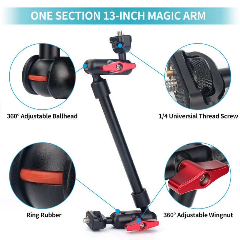 [AUSTRALIA] - JEBUTU Super Clamp with 1/4" and 3/8" Thread and Upgraded One Section 13 inches/34cm Adjustable Articulating Friction Magic Arm with 1/4" Thread Screw for LED Light, Flash Light, Microphone, Monitor One Section Magic Arm 