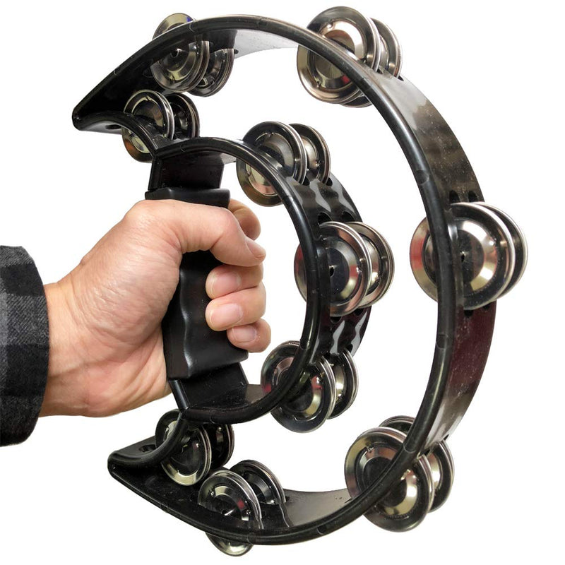 Luvay 9" Double Row Tambourine - Metal Jingles Hand Held Percussion, Cutaway Design (Black) Black