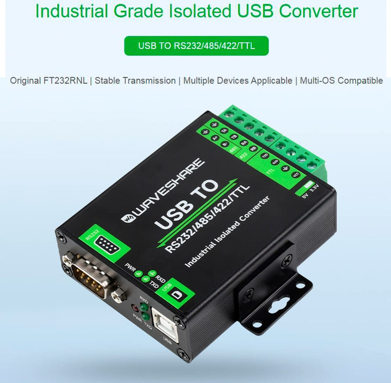 waveshare USB to RS232/485/422/TTL (UART) Converter with Original FT232RNL Chip,Industrial Isolated USB Converter,Compatible with Mac, Linux, Android, Windows 11/10 / 8.1/8 / 7, etc.