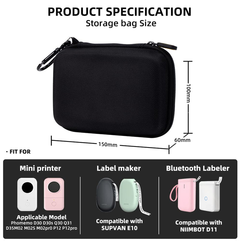 Phomemo D30 Label Maker Case Black Hard Shell Bag-BK 3SET D30 D35 Label Marker Black Case with 3 Rolls of White Label Tapes, Waterproof Storage Bag with 12 x 40mm (3/8" x 11/2") Bag with Tapes Black 3 Rolls