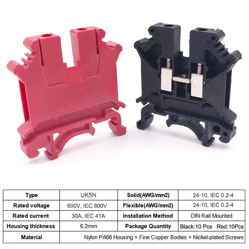 Erayco DIN Rail Terminal Blocks Kit, 20Pcs UK5N 10 AWG Terminal Blocks, 2Pcs Ground Blocks, 2Pcs FBI-10-6 Terminal Fixed Bridge, 4Pcs E/UK End Brackets, 2Pcs D-UK3/10 End Covers, 1Pcs 8" aluminum RoHS