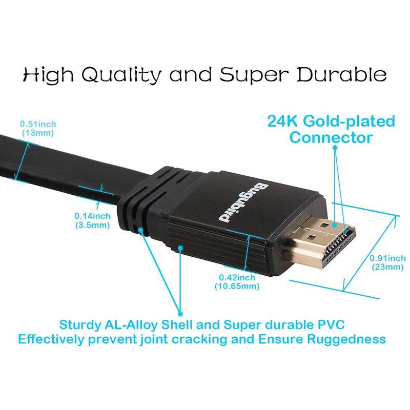 4K Flat HDMI Cable 15ft - Bugubird High Speed 18Gbps HDMI 2.0 Cable with Ethernet Support 4K @60Hz Ultra HD 2160P 1080P 3D HDR and Audio Return(ARC) - 3 Colors and Multiple Lengths are Available black+black