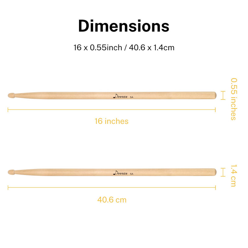 Donner Drum Sticks, Snare Drumsticks 5A Classic Maple Wood Drumsticks 3 Pair With Carrying Bag Classic Maple 3 Pair