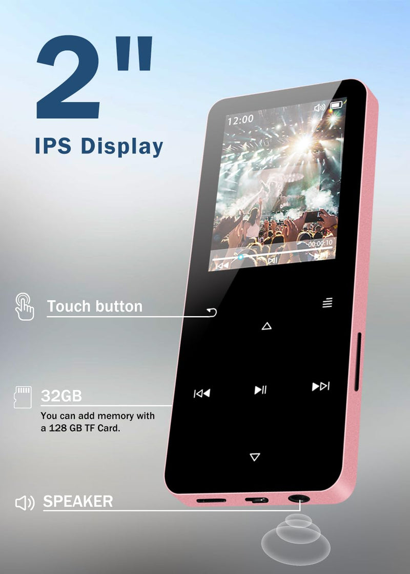 32GB Mp3 Player with Bluetooth 5.0,Play Music up to 30 Hrs.Portable Digital Lossless Music MP3 MP4 Player with FM Radio, Voice Recorder, Super Light Metal Shell Touch Buttons - Pink