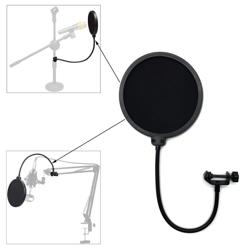 [AUSTRALIA] - 1 Pc Microphone Pop Filter Mask Shiled For Blue Yeti Dual Layer Mesh Mic Filters Wind Pop Screen With Flexible 360°Gooseneck Clip, 2 Pcs Mic Cover Foam 