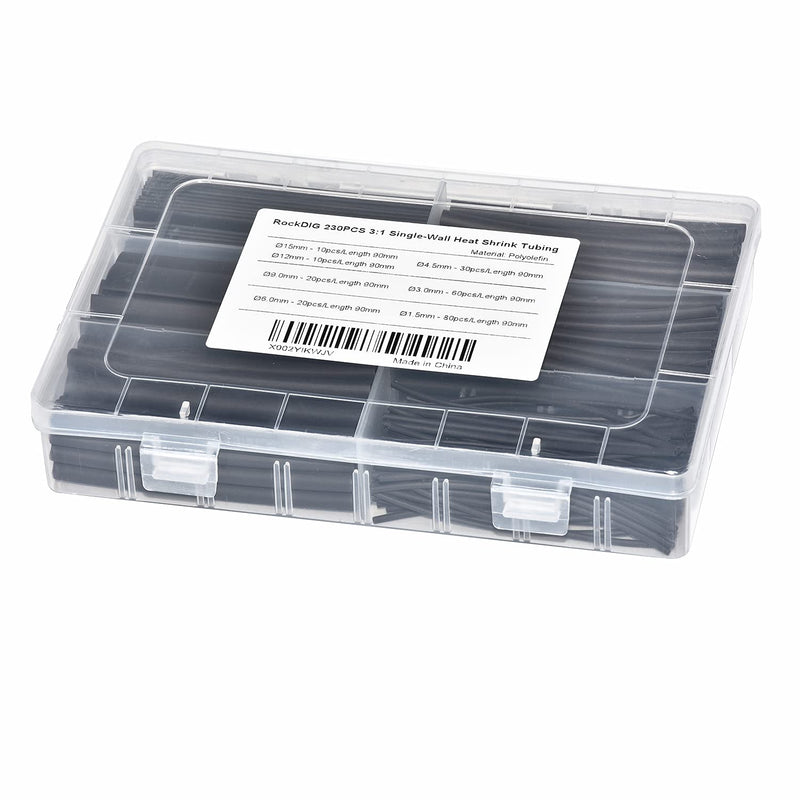 [AUSTRALIA] - RockDIG 230 PCS 3:1 Heat Shrink Tubings Single-Wall(No Adhesive) Diameter 1.5/3/4.5/6/9/12/15 mm Assortment Kit Black 3:1(230 PCS） Single Wall 