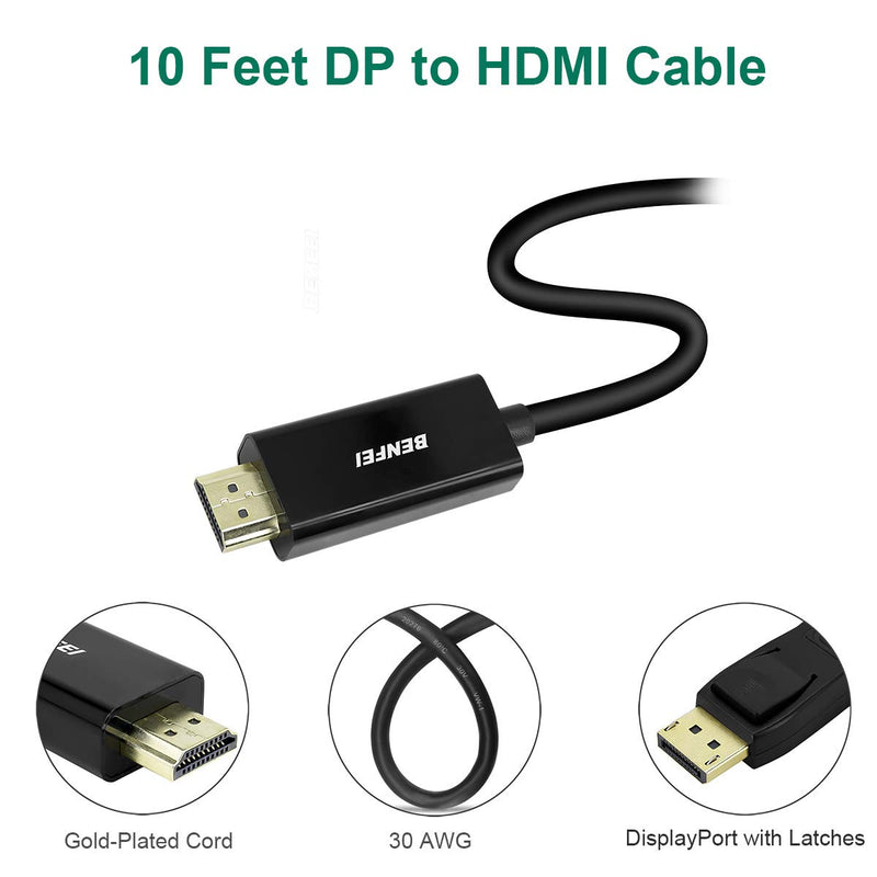 DisplayPort to HDMI 10 Feet Cable, Benfei DisplayPort to HDMI Male to Male Adapter Gold-Plated Cord Compatible with Lenovo, HP, ASUS, Dell and Other Brand 1 PACK