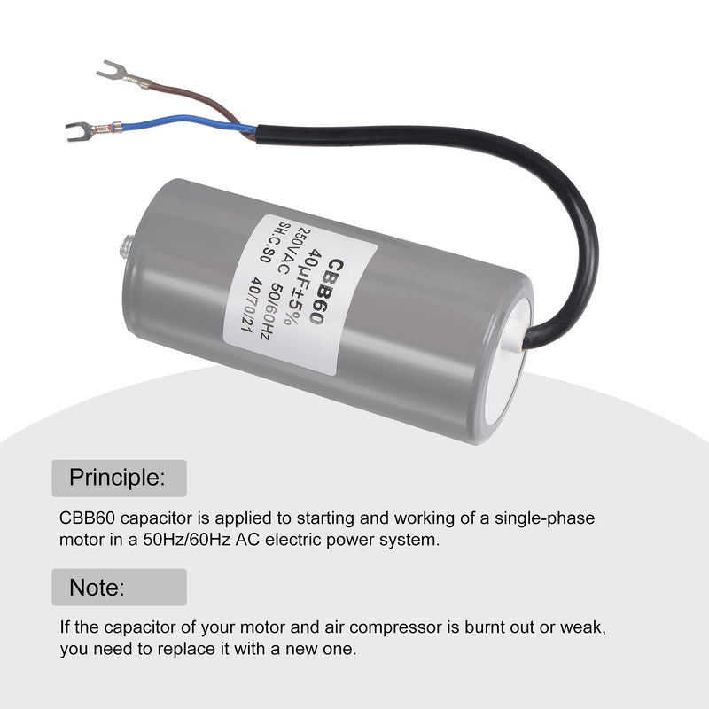 MECCANIXITY CBB60 Run Capacitor 40uF 250V AC 2 Wires 50/60Hz Cylinder 110x50mm with Terminal, M8 Fixing Stud for Air Compressor Water Pump Motor