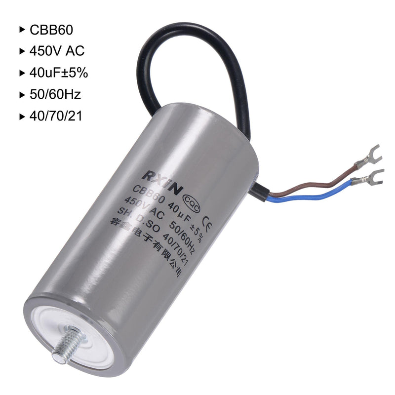 uxcell CBB60 Run Capacitor 40uF 450V AC 2 Wires 50/60Hz Cylinder 110x50mm with Terminal, M8 Fixing Stud for Air Compressor Water Pump Motor
