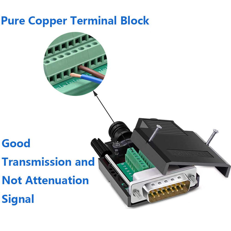 Jienk 2Pcs DB15 Solderless Male RS232 D-SUB Serial Adapters, 16mm thinner 15 Pin Port Terminal Solderfree Breakout Board Connector with Case Accessories Male(2Pcs)