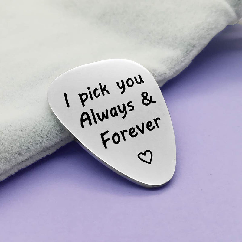 I Pick You Always And Forever Guitar Pick Music Jewelry Gift for Men Women him her- Unique Birthday Gift for Musician Guitarist Husband/wife/boyfriend/girlfriend Wedding Valentines Christmas Gifts