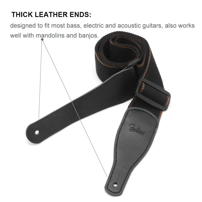 Guitar Strap for Acoustic, Electric & Bass Guitars with 1 Leather Strap Button and 2 Strap Locks - Cotton and Leather Ends Black