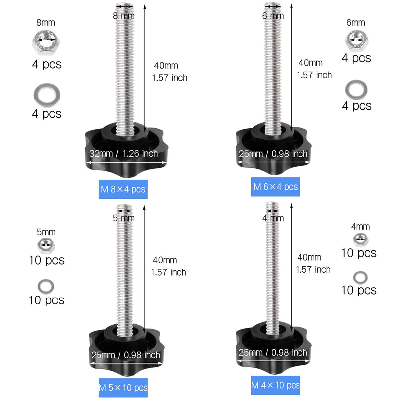 28 Sets M4 M5 M6 M8 Star Knobs Thread Replacement Star Hand Knob Tightening Screw Clamping Screw Knob with 28 Hex Nuts and 28 Flat Washers, Plastic Star Knobs Quick Removal Replacement Parts