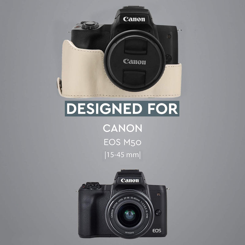MegaGear Ever Ready Leather Camera Case Compatible with Canon EOS M50 Mark II (15-45mm), M50 (15-45mm) White