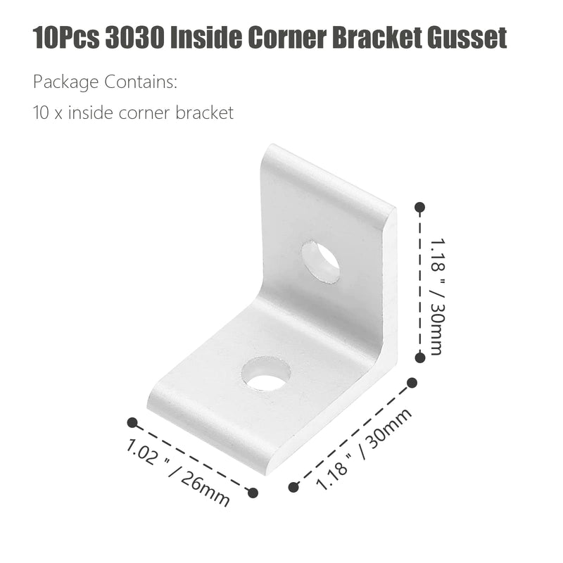 Qjaiune 10Pcs 3030 Inside Corner Bracket Gusset, Silver 3060 Aluminum Extrusion Brackets, 2 Hole Aluminum L Bracket Connector for 3030 Series Aluminum Extrusion Profile with Slot 6mm