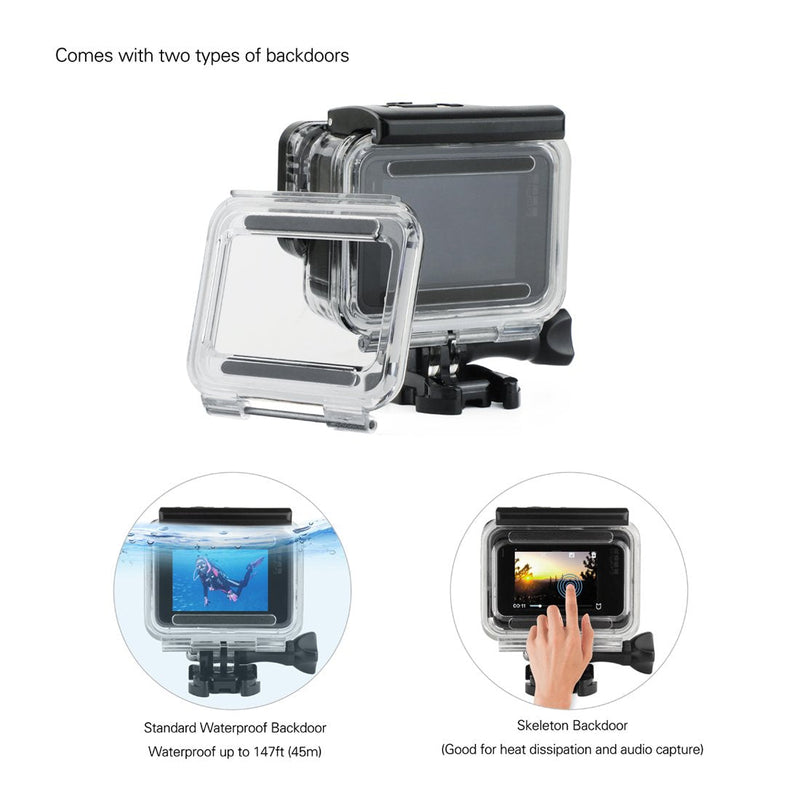 SOONSUN 45m Underwater Waterproof Dive Housing Case with 3-Pack Dive Filters for GoPro Hero 5 6 7 Black Hero (2018) - Include Backdoor, Quick Release Buckle, Thumb Screw, Tripod Adapter, Lens Cap Dive Housing with Filters