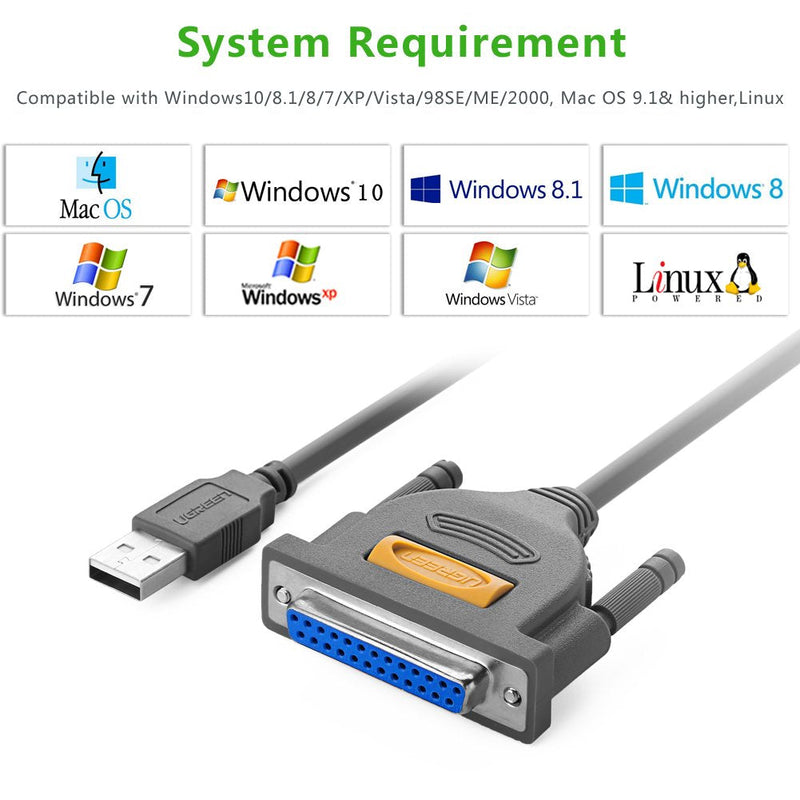 UGREEN USB to DB25 Parallel Printer Cable Adapter 6FT Male to Female Connector IEEE 1284 Converter for PC Desktop Laptop Support Windows Mac OS Linux, 6 FT