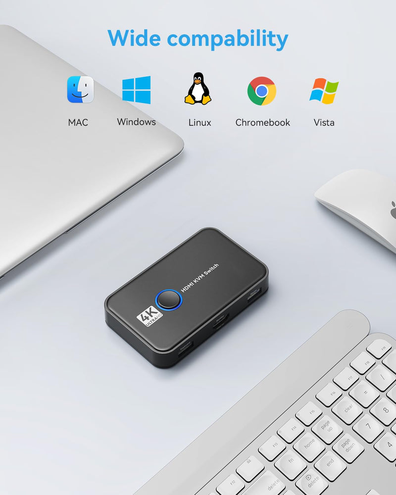 KVM Switch, Giimake KVM Switch HDMI,USB KVM Switch for 2 Computers Sharing One HD Monitor and Keyboard Mouse, Support 4K@60Hz,2 HDMI Cables and 2 USB Cables,1 USB C Charge Cable Included Black