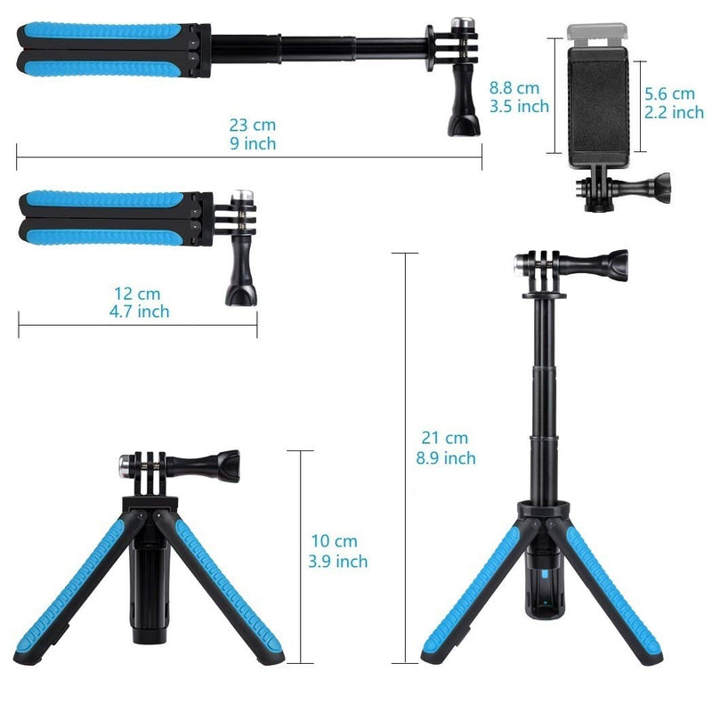 Taisioner Mini Selfie Stick Tripod Kit Two in One Compatible with GoPro AKASO Action Camera and Cell Phone Accessories Blue