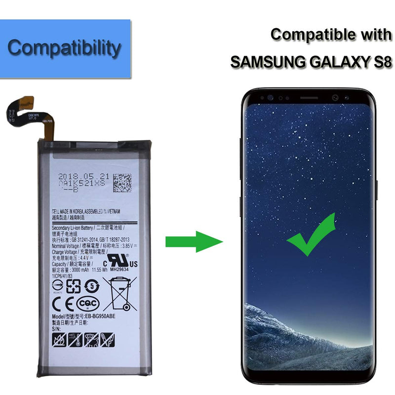 New Replacement Battery Compatible with Samsung Galaxy S8 EB-BG950ABE 3000mAh 3.8V Internal Battery + Tools