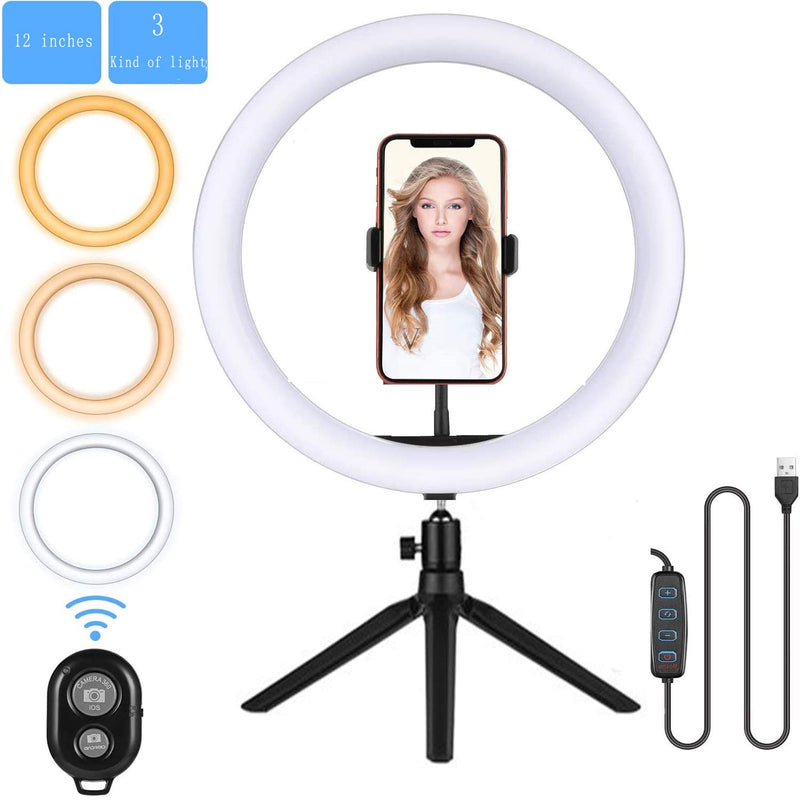 Selfie Light LED Ring Light, Fill Light with Tripod, dimmable LED Beauty Camera Ring Light and Bluetooth Remote Shutter for Makeup/YouTube/Vlog/TIK Tok/Live, Compatible with iPhone and Android