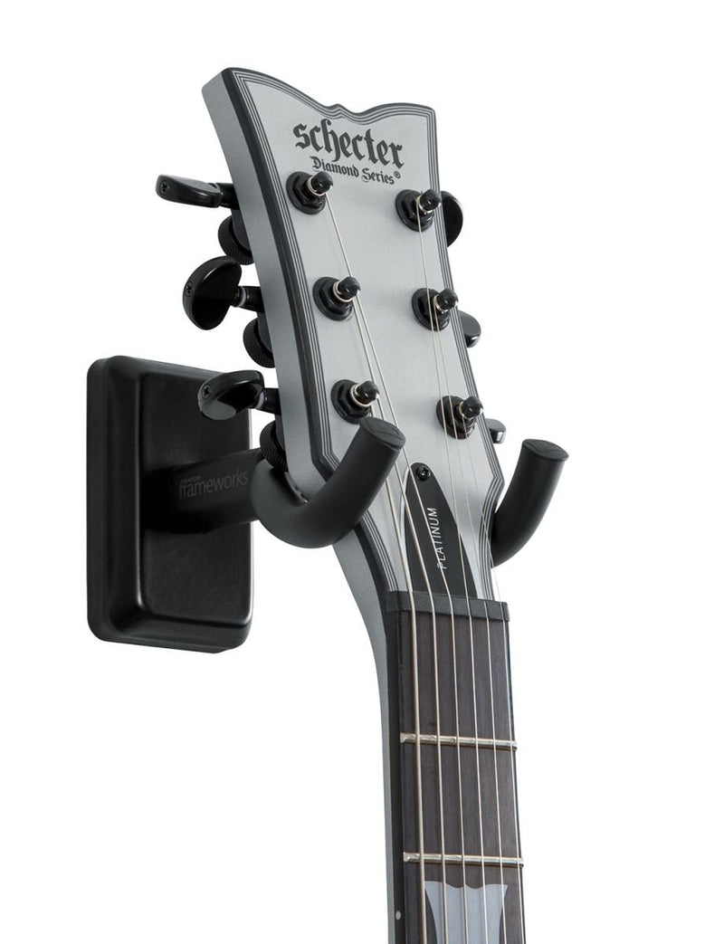 Gator Frameworks Wall Mounted Guitar Hanger with Black Mounting Plate; Fits Both Acoustic and Electric Guitars (GFW-GTR-HNGRBLK)