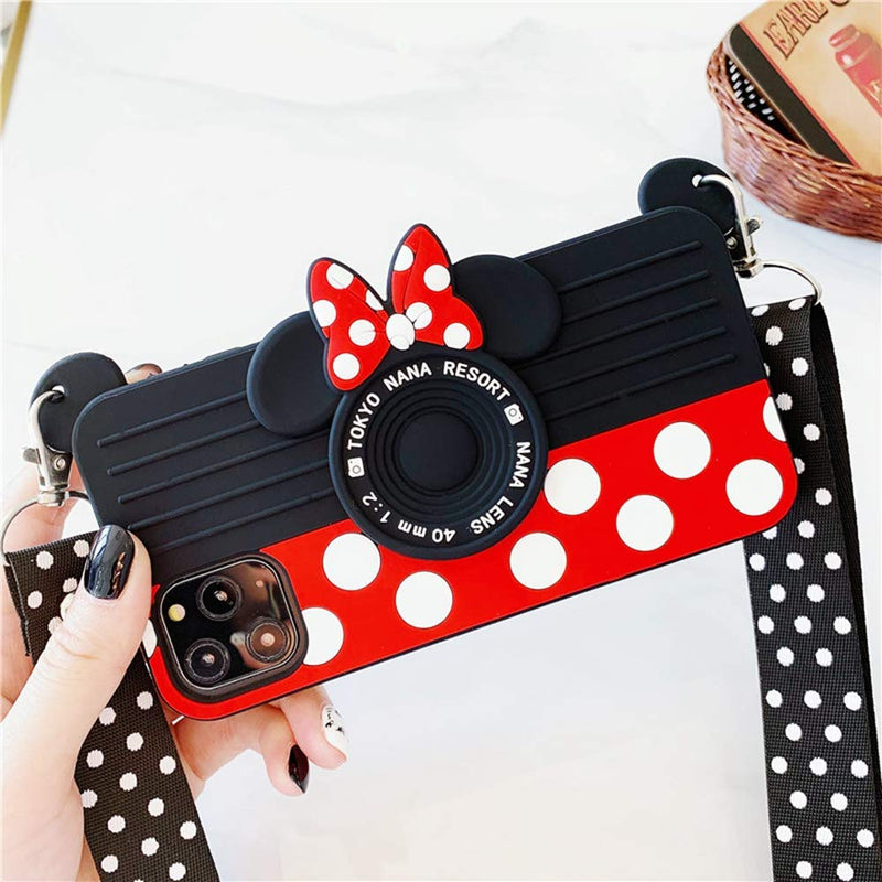 MC Fashion iPhone 12 Mini Case, Cute 3D Minnie Mouse Camera Case with Polka Dots Lanyard, Shockproof Protective Soft Silicone Case for iPhone 12 Mini 5.4 inch 2020