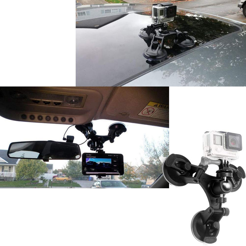Walway Triple Suction Cup Mount with 360 Degree Tripod Ball Head Mount & Screw Mount Adapter for GoPro Hero 6 5 4 Session 3+, SJCAM SJ4000 SJ5000 SJ6000, Sony, Xiaomi Yi