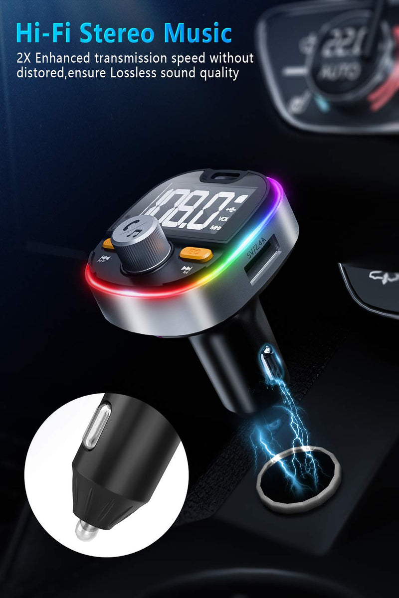 5.0 Bluetooth FM Transmitter for Car, Type-C PD3.0 18W Bluetooth Car Adapter, 7-Colors LED Backlit, Hands-Free Calling, Heavy Bass, Support USB Drive/TF Card and Siri Google Assistant