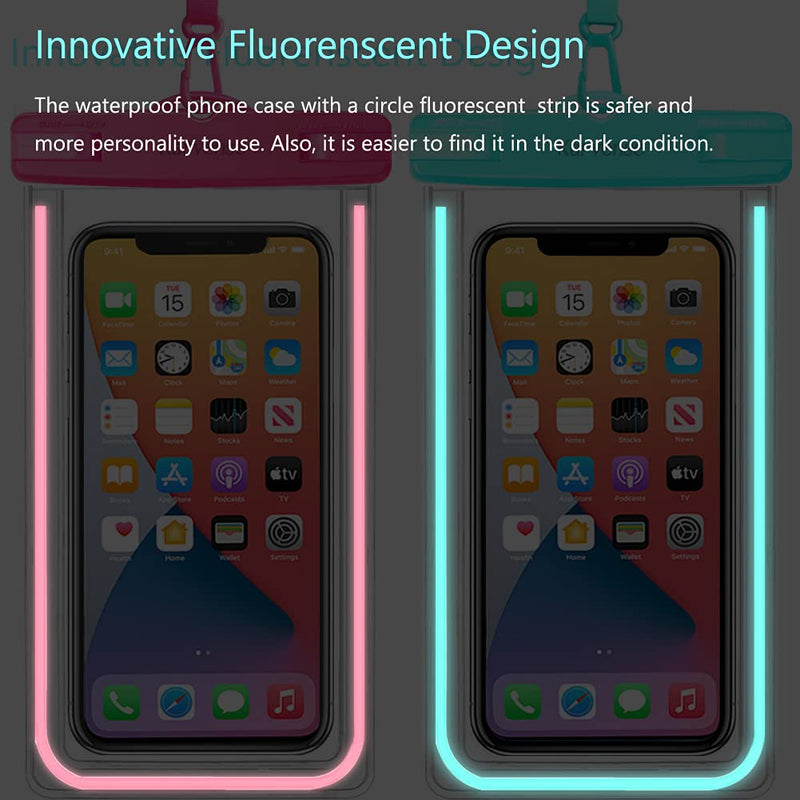 Waterproof Cell Phone Pouch Case, Karvense 2 Pack Universal Luminous Waterproof Phone Bag/Holder for iPhone, Samsung Galaxy, LG, Moto, Dry Bag for Beach, Shower, Pool, Kayaking, Snorkeling, Vacation Cyan, Pink