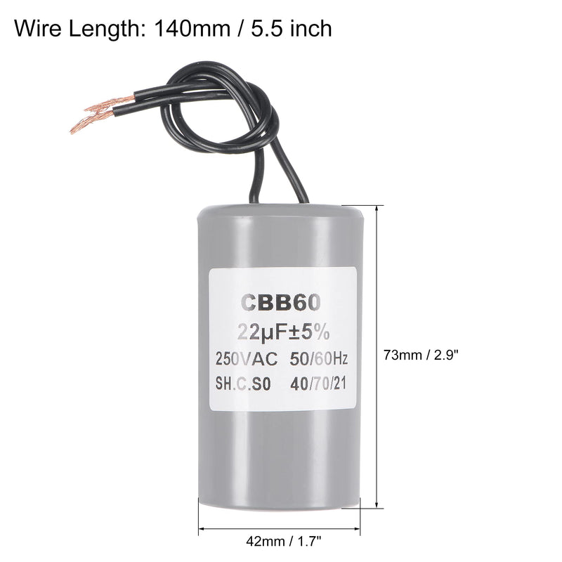 MECCANIXITY CBB60 Run Capacitor 22uF 250V AC 2 Wires 50/60Hz Cylinder 73x42mm for Air Compressor Water Pump Motor