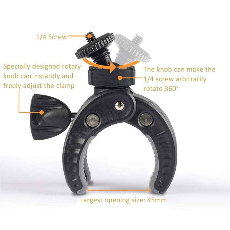 UTEBIT Camera Bike Mount Clamp with 1/4" Screw and Phone Clip for Bike, Bicycles, Vehicles, Motorcycle 360° Rotation Roll Bar Action Camera Cell Phone Handlebar Holder