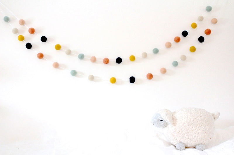 "Arizona" Handmade Wool Felt Ball Garland by Sheep Farm Felt- Coral, Mint, Navy, Mustard, Peach & Cream Felt Ball Garland, Pom Pom Garland. 1 inch balls. 7 Feet Long. 28 Felt Balls