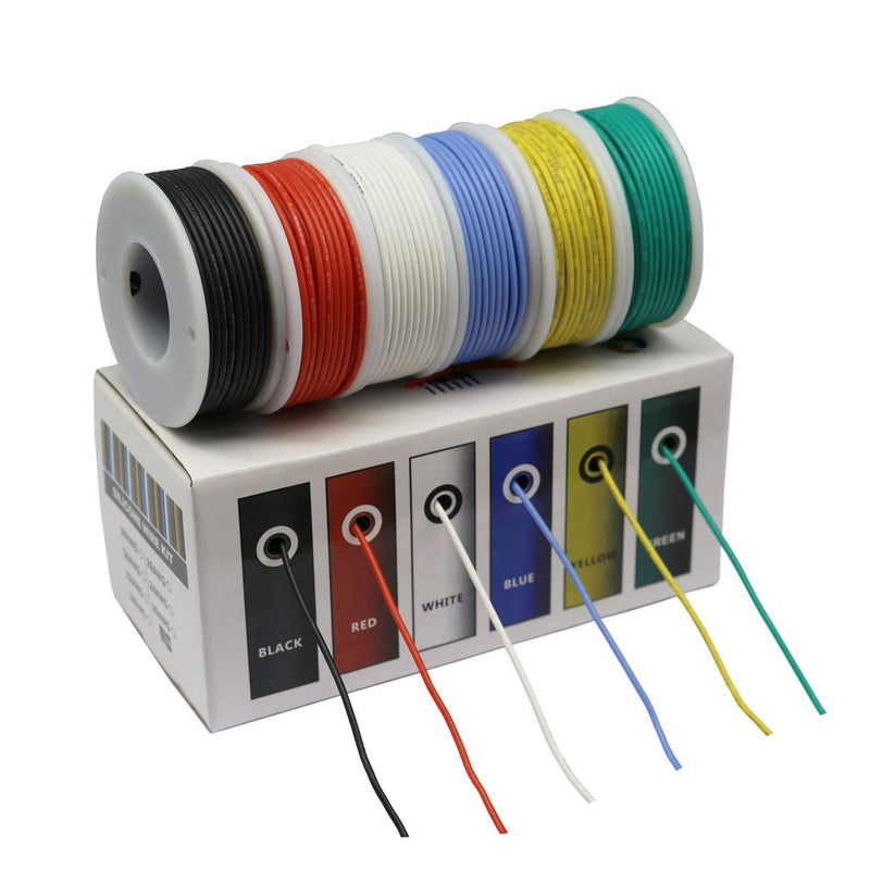 CBAZY™ Hook up Wire Kit (Stranded Wire Kit) 18 Gauge Flexible Silicone Rubber Electric Wire 6 Colors 16.4 feet Each 18 AWG 18AWG D-(red+blue+green+yellow+white+black)