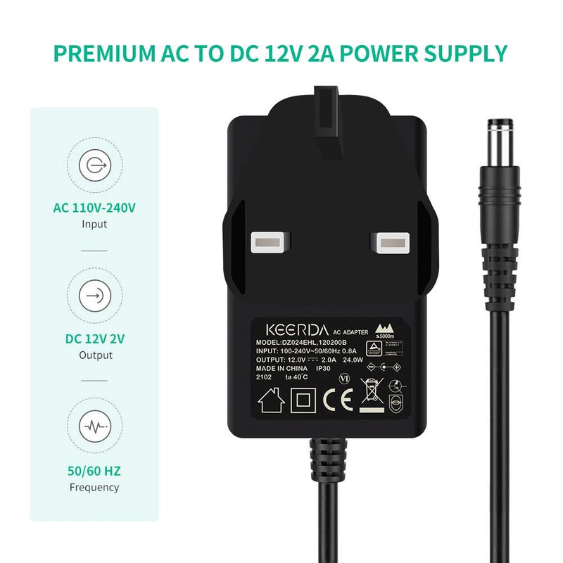 MAXDIGI DC Power Supply 12V 2A, AC 100-240V to DC 12V Power Cable Transformer Wall Charger Replacement UK Plug with 1.5m Cable,5.5mmx2.1mm Jack for Led Strips,CCTV Camera,Cisco Router,Yamaha Keyboard