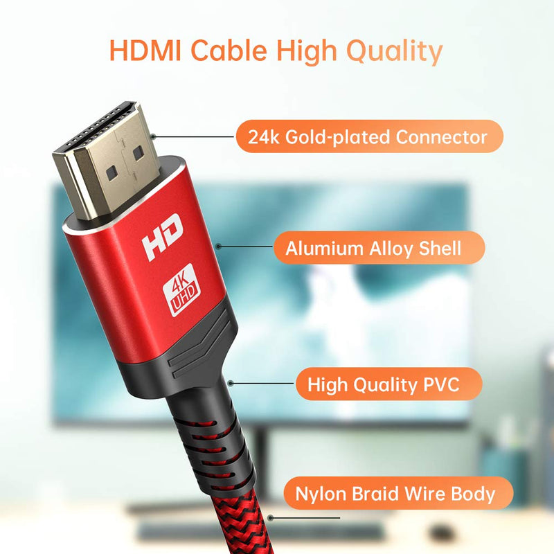 4K HDMI Cable, 2 Pack 10FT Goalfish 18Gbps High Speed HDMI 2.0 Cables, 3D, 2160P, Ethernet - 28AWG Braided HDMI to HDMI Cord - Audio Return(ARC) for UHD TV, Blu-ray, PS4, PS3, PC, Monitor (Grey+Red) 10 Feet