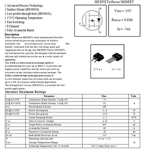 IRF4905 IRF4905PBF P-Channel Power MOSFET FET 55V 74A TO-220 Pack of 5