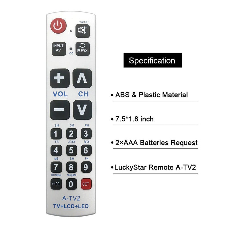 LuckyStar Big Button Universal Remote Control A-TV2, Initial Setting for Lg, Vizio, Sharp, Zenith, Panasonic, Philips, RCA - Put Battery to Work, No Program Needed